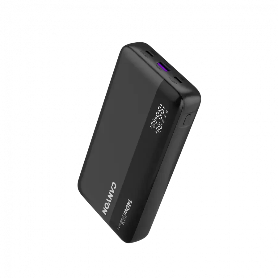 CANYON išorinė baterija PB-240, 25000mAh PD140W, su ekranu, matmenys 160,0 x 82 x 27 mm, svoris 508+-10 g, tamsiai pilka spalva