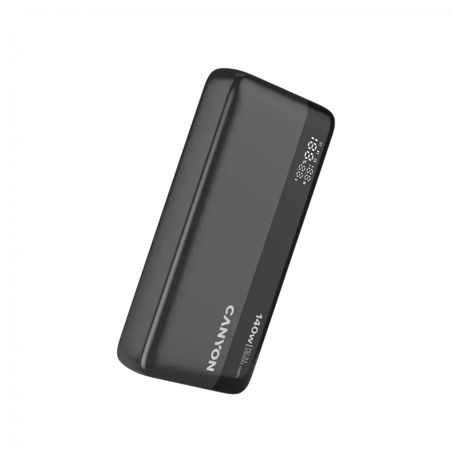 CANYON išorinė baterija PB-240, 25000mAh PD140W, su ekranu, matmenys 160,0 x 82 x 27 mm, svoris 508+-10 g, tamsiai pilka spalva