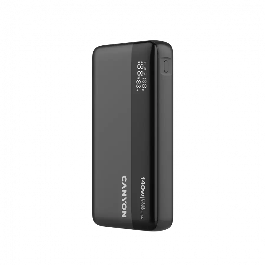 CANYON išorinė baterija PB-240, 25000mAh PD140W, su ekranu, matmenys 160,0 x 82 x 27 mm, svoris 508+-10 g, tamsiai pilka spalva