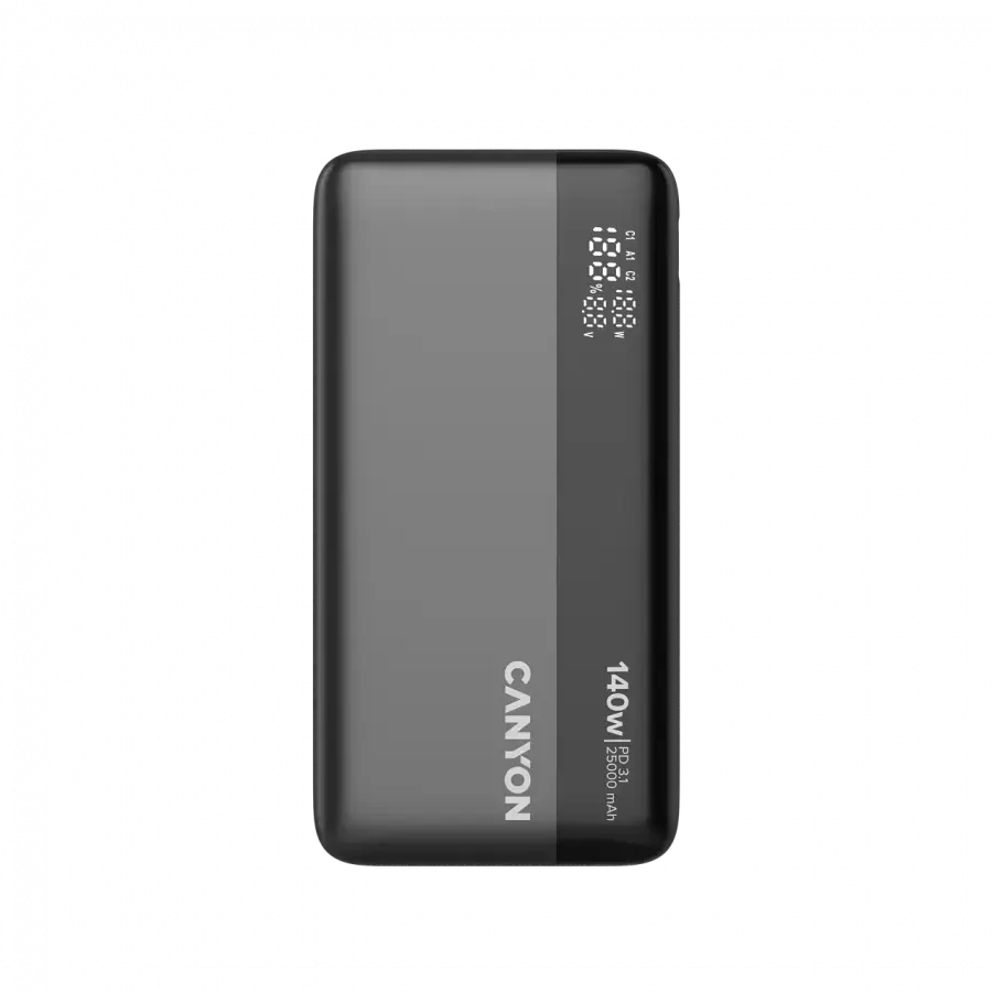 CANYON išorinė baterija PB-240, 25000mAh PD140W, su ekranu, matmenys 160,0 x 82 x 27 mm, svoris 508+-10 g, tamsiai pilka spalva
