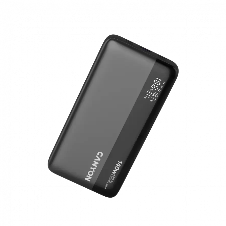 CANYON išorinė baterija PB-240, 25000mAh PD140W, su ekranu, matmenys 160,0 x 82 x 27 mm, svoris 508+-10 g, tamsiai pilka spalva