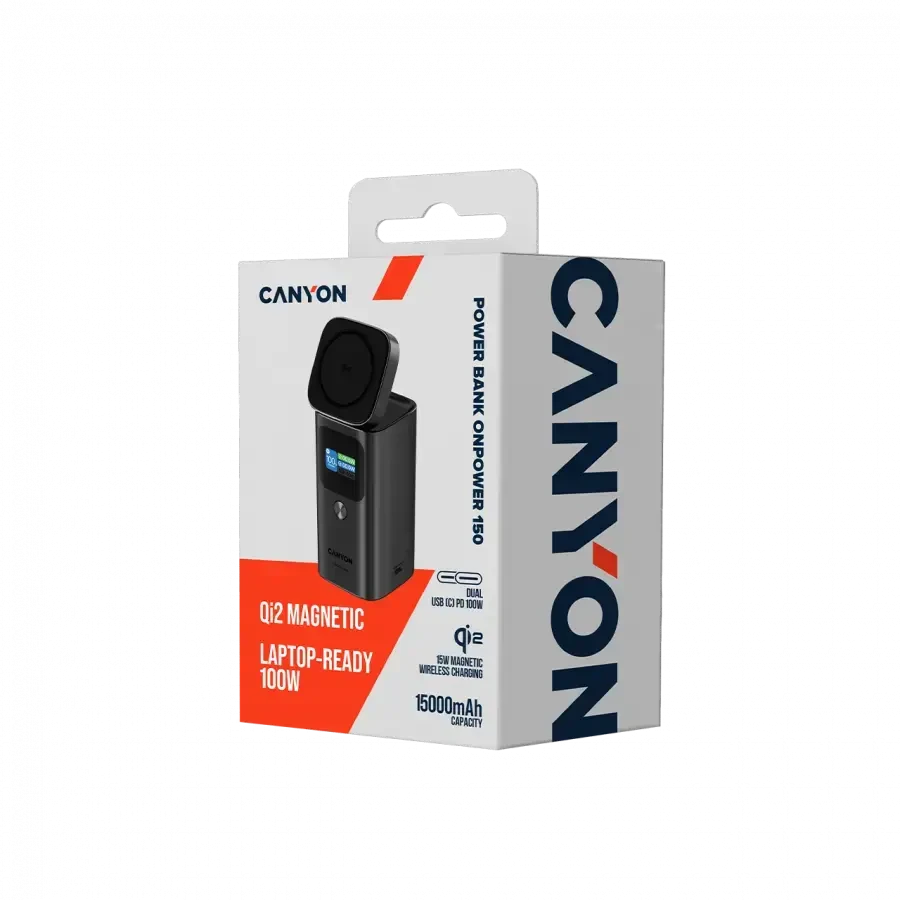 CANYON Qi2 magnetic power bank OnPower 150 15000mAh Aliuminio Dark pilkas