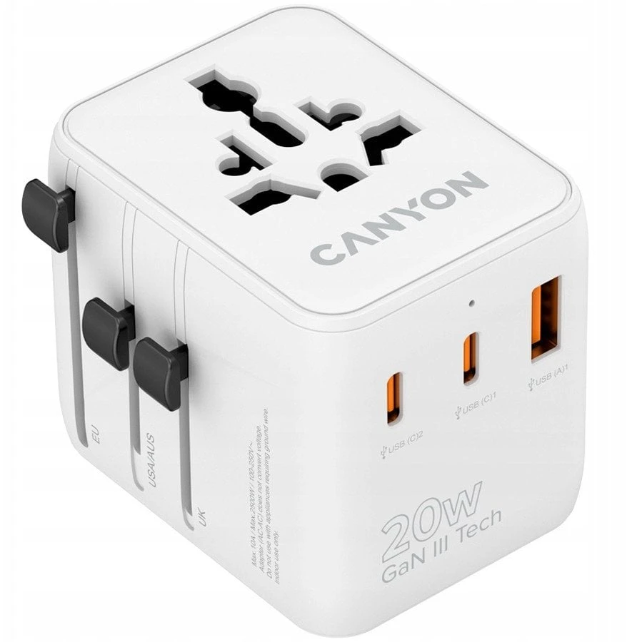 CANYON kelioninis adapteris OnTour 20 ES/JK/JAV/Australijos 20 W, baltas
