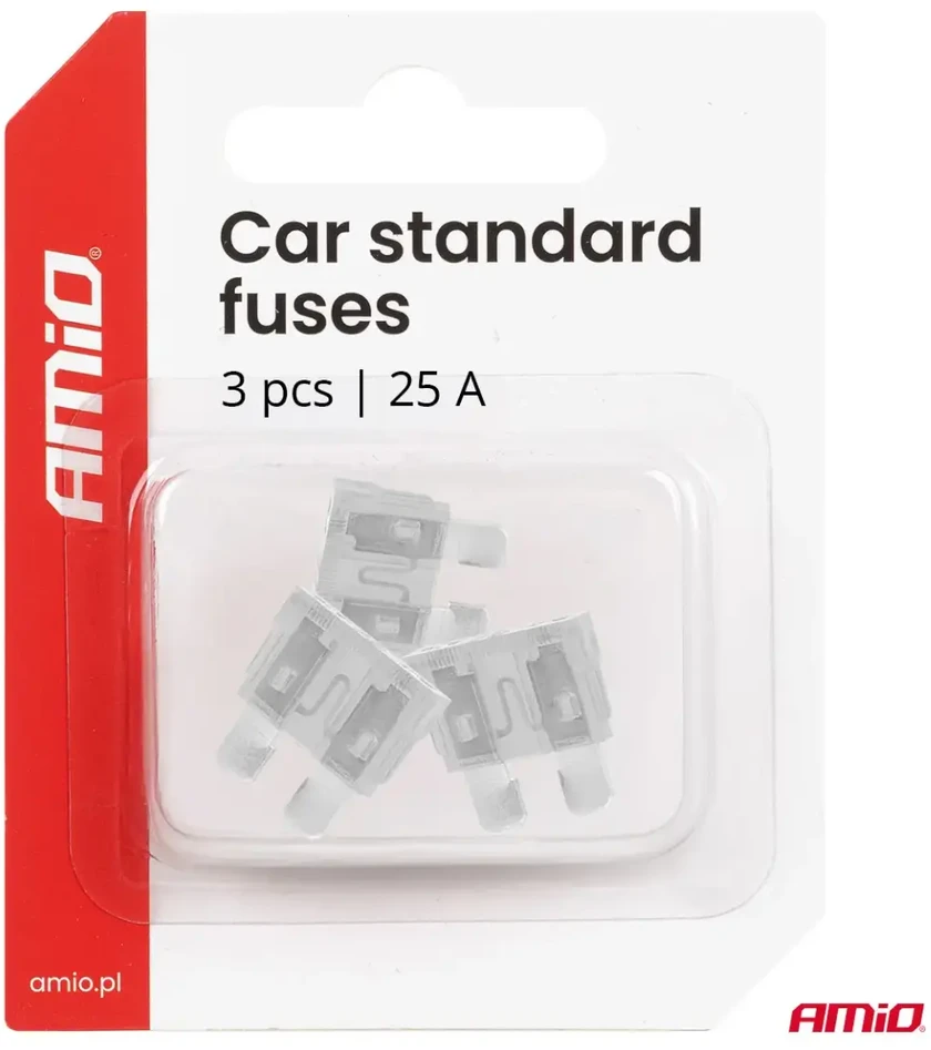Automobiliniai plokštieji saugikliai standartiniai 3 vnt.. 25a amio-05108