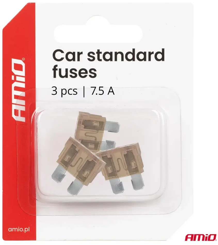 Automobiliniai plokštieji saugikliai standartiniai 3 vnt. 7.5A AMIO-05104