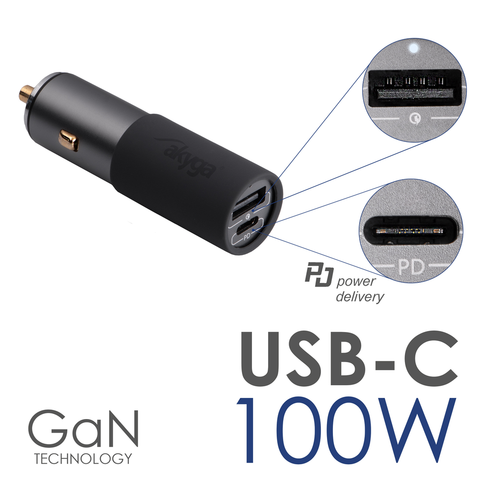 Akyga AK-CH-26 100W automobilio įkroviklis USB-A + USB-C PD greitas įkrovimas 3.0 5-20V / 1.5-5Aszary