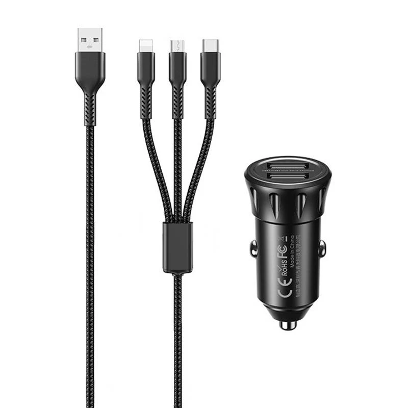 Automobilinis įkroviklis 2x USB, Remax RCC236, 2.4A (juodas) + 3 viename laidas