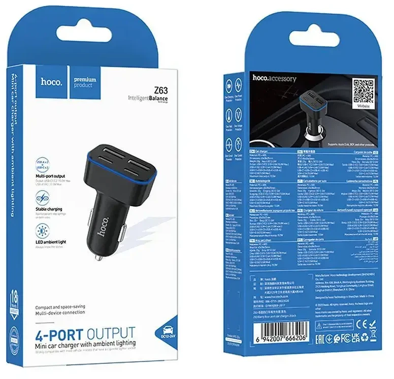 Car charger Hoco 2xUSB A + 2xUSB C PD QC3.0 42W Z63 juodas