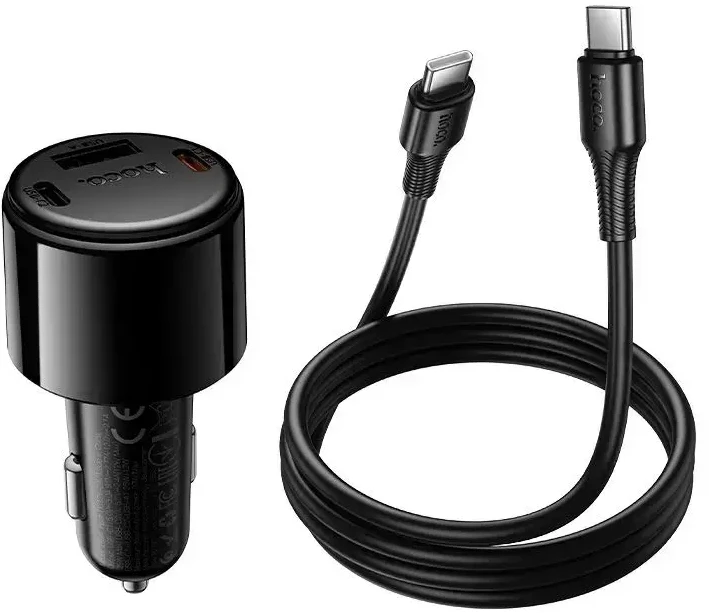 Car charger Hoco USB A + 2xUSB C PD QC3.0 37W + cable USB C to C Z69A juodas