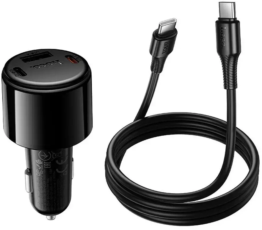 Automobilinis įkroviklis Hoco USB A + 2xUSB C PD QC3.0 57W su USB C į C kabeliu Z69B juodas