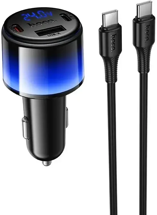 Car charger Hoco USB A + 2xUSB C PD QC3.0 37W + cable USB C to C Z69A juodas