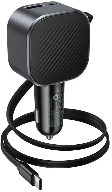 Car charger Hoco USB A + USB C PD QC3.0 45W with retractable cable USB C Z68 juodas