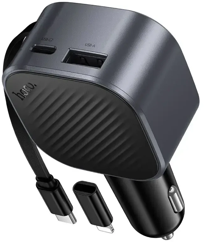 Car charger Hoco USB A + USB C PD QC3.0 45W with retractable cable USB C Z68 juodas