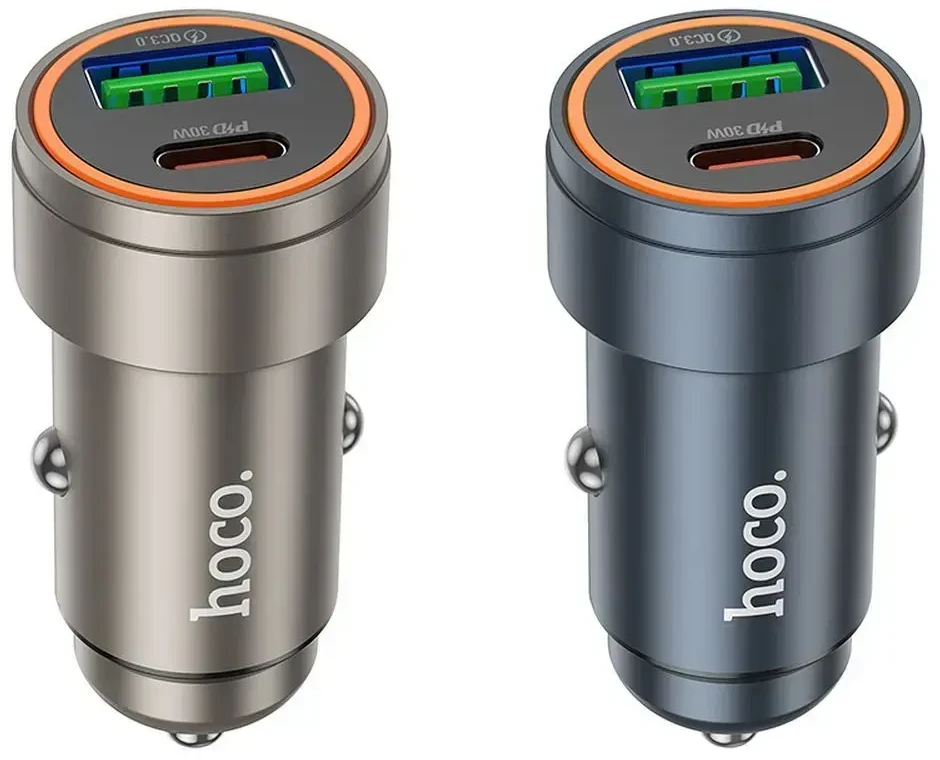 Automobilinis įkroviklis Hoco USB A + USB C PD QC3.0 3A 30W Z57A metalinis pilkas