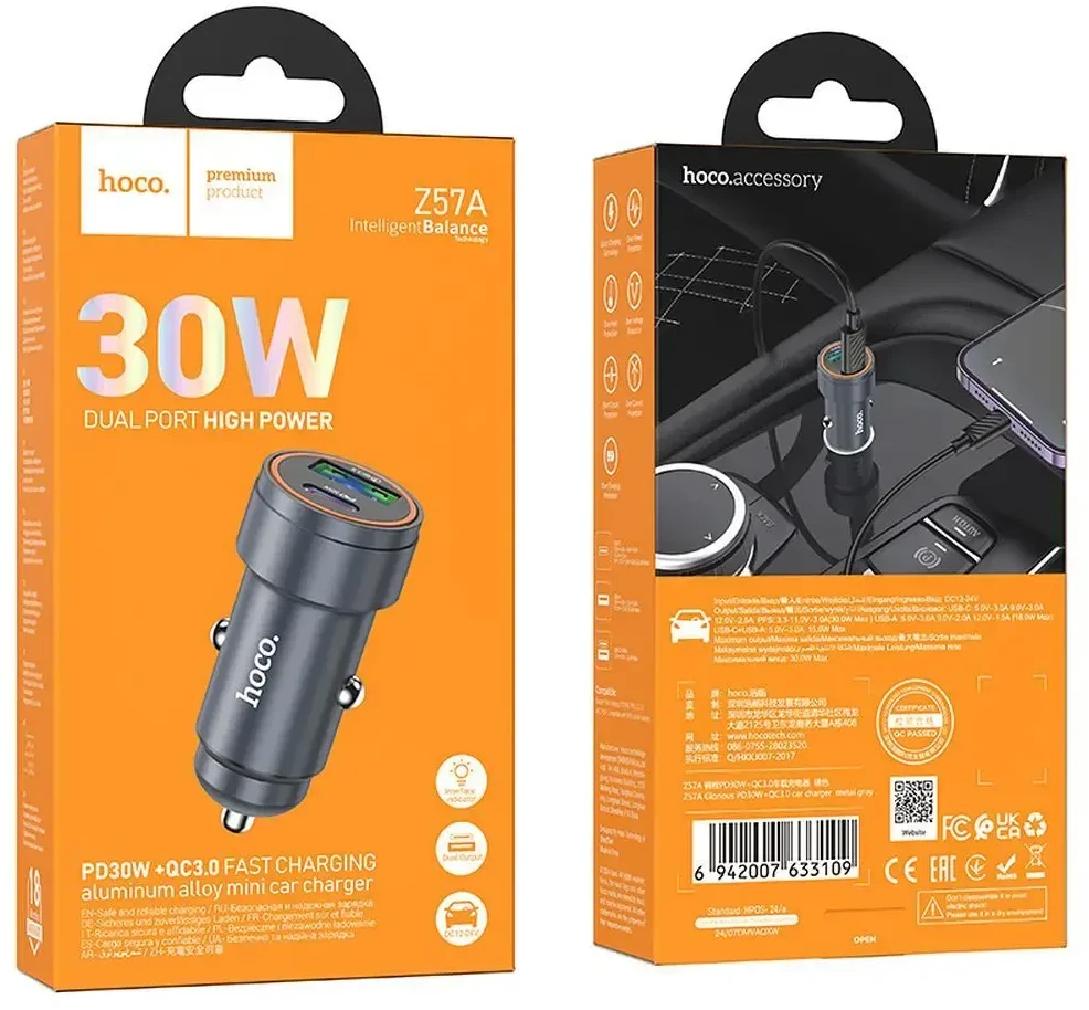 Automobilinis įkroviklis Hoco USB A + USB C PD QC3.0 3A 30W Z57A metalinis pilkas