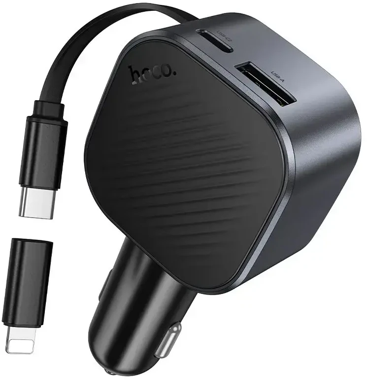 Car charger Hoco USB A + USB C PD QC3.0 45W with retractable cable USB C Z68 juodas