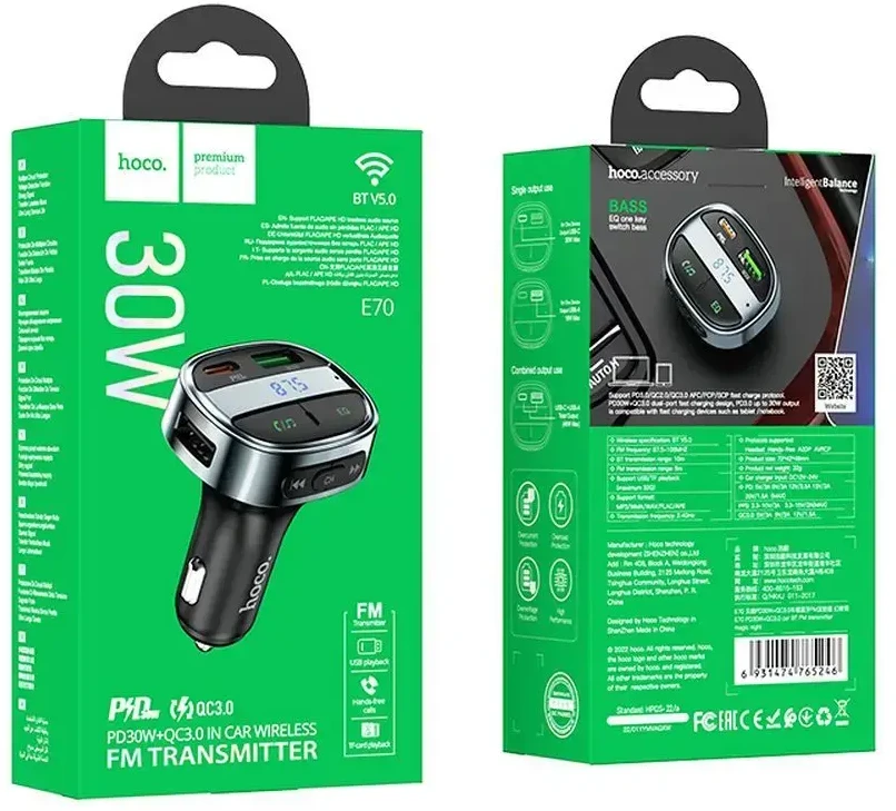 FM bangų moduliatorius Hoco E70 PD30W+QC3.0 juodas