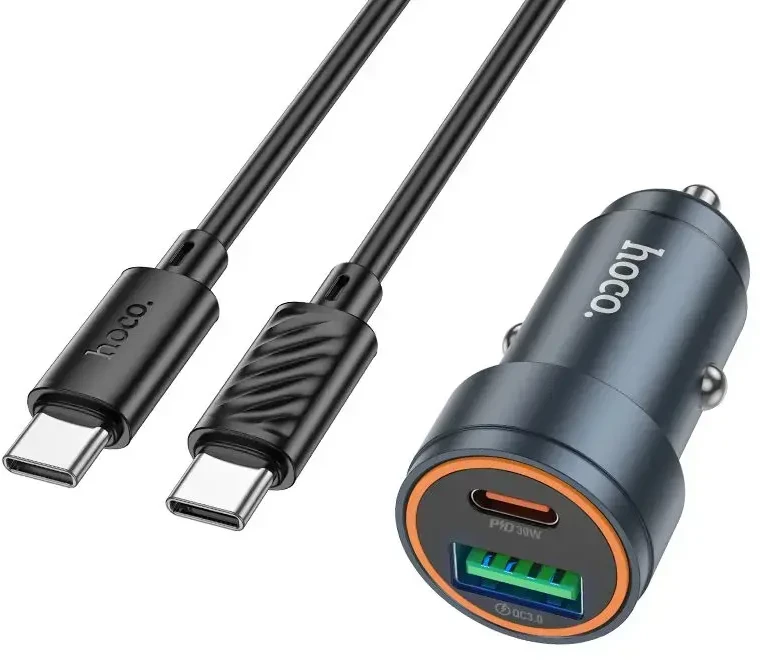 Automobilinis įkroviklis Hoco Z57A 30W USB-C/USB-A + USB-C to USB-C cable 1.0m pilkas