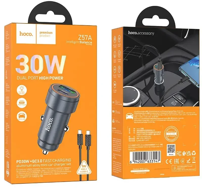 Automobilinis įkroviklis Hoco Z57A 30W USB-C/USB-A + USB-C to USB-C cable 1.0m pilkas