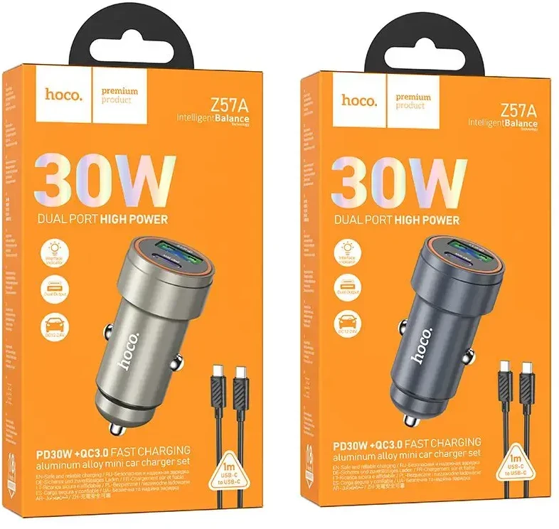 Automobilinis įkroviklis Hoco Z57A 30W USB-C/USB-A + USB-C to USB-C cable 1.0m pilkas