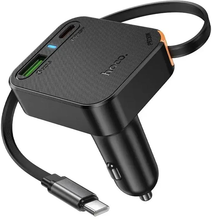 Automobilinis įkroviklis Hoco su ištraukiamu laidu 2 x USB C + USB A QC PD 65W NZ18 juodas