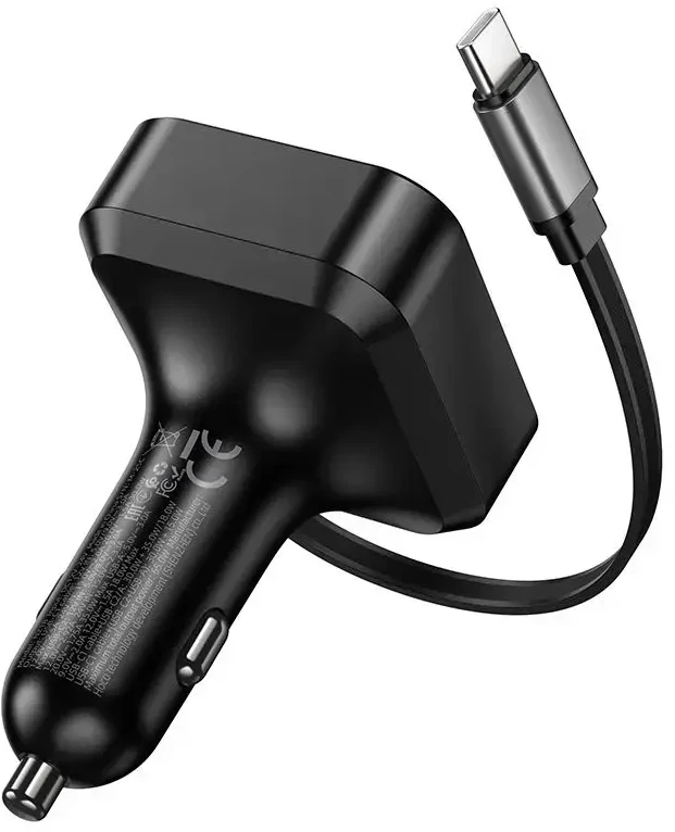Automobilinis įkroviklis Hoco su ištraukiamu laidu 2 x USB C + USB A QC PD 65W NZ18 juodas