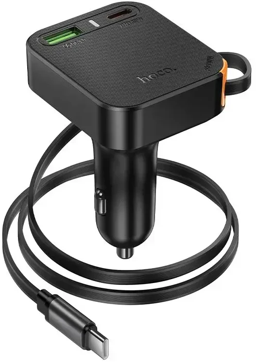 Automobilinis įkroviklis Hoco su ištraukiamu laidu 2 x USB C + USB A QC PD 65W NZ18 juodas