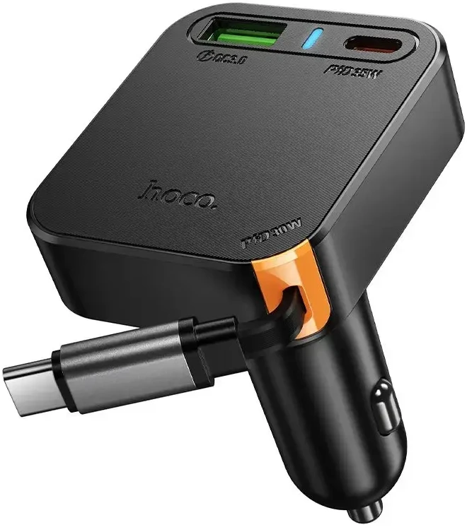 Automobilinis įkroviklis Hoco su ištraukiamu laidu 2 x USB C + USB A QC PD 65W NZ18 juodas