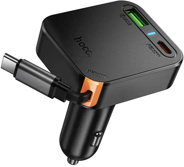 Automobilinis įkroviklis Hoco su ištraukiamu laidu 2 x USB C + USB A QC PD 65W NZ18 juodas