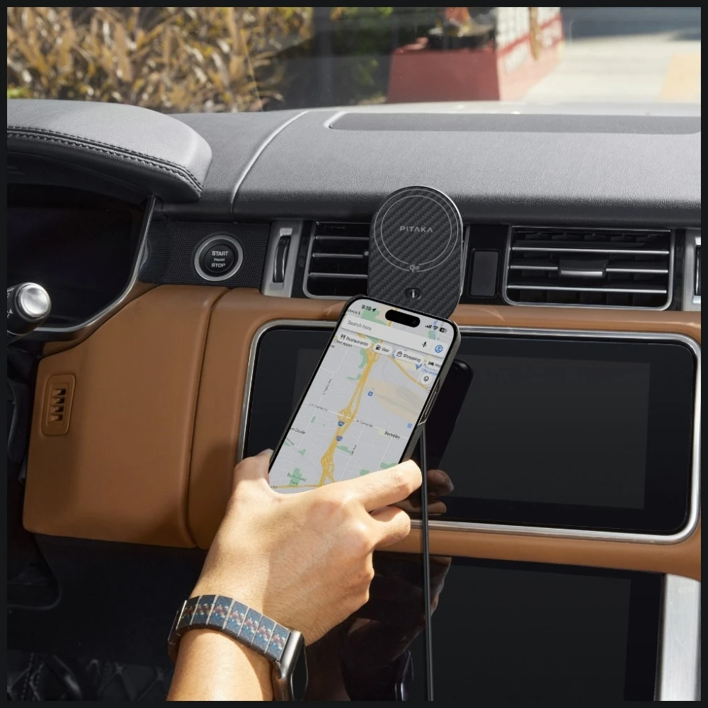 Car mount with wireless charger PITAKA MagEZ Pro 2 Qi2 15W NFC MagSafe juodos spalvos pilkos spalvos