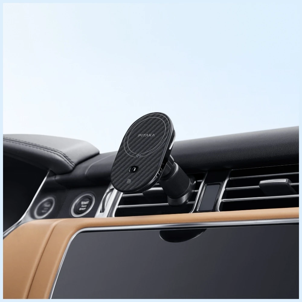 Car mount with wireless charger PITAKA MagEZ Pro 2 Qi2 15W NFC MagSafe juodos spalvos pilkos spalvos