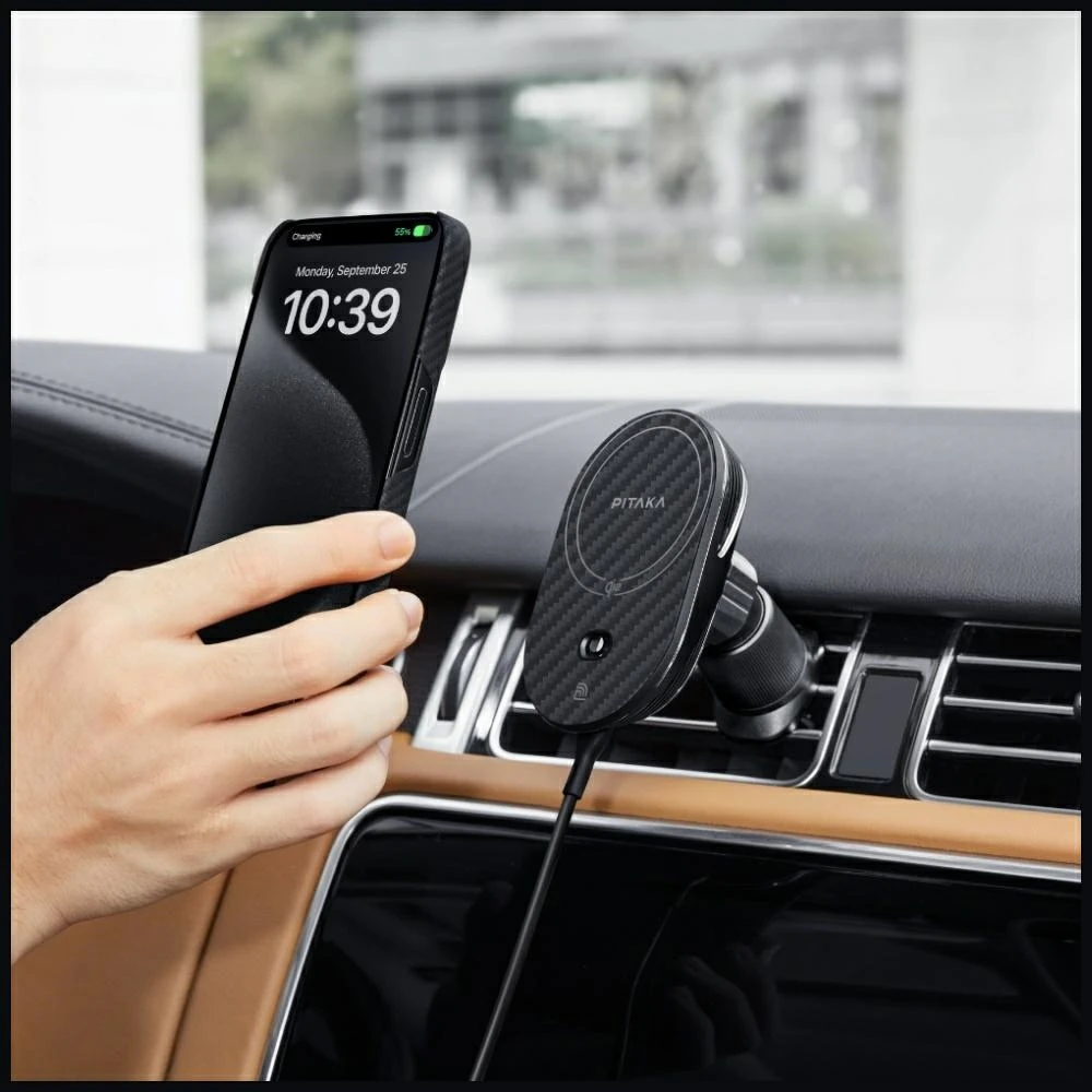 Car mount with wireless charger PITAKA MagEZ Pro 2 Qi2 15W NFC MagSafe juodos spalvos pilkos spalvos