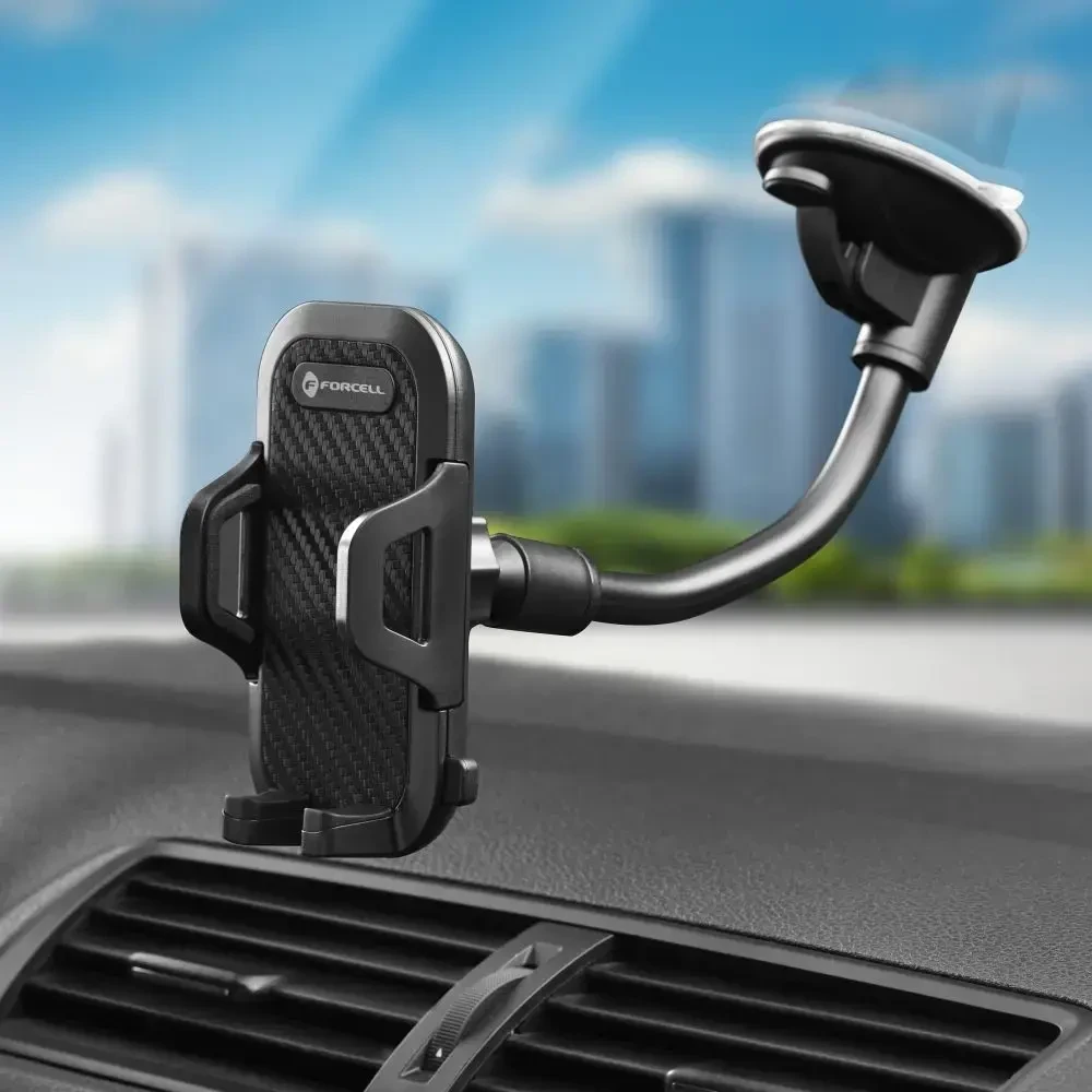 Automobilinis universalus telefono laikiklis Forcell (17cm) Long arm tvirtinamas ant prietaisų skydelio, juodas