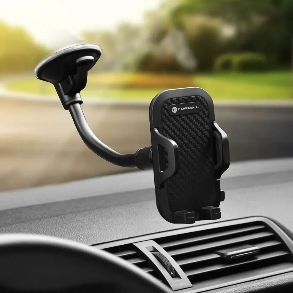Automobilinis universalus telefono laikiklis Forcell (17cm) Long arm tvirtinamas ant prietaisų skydelio, juodas