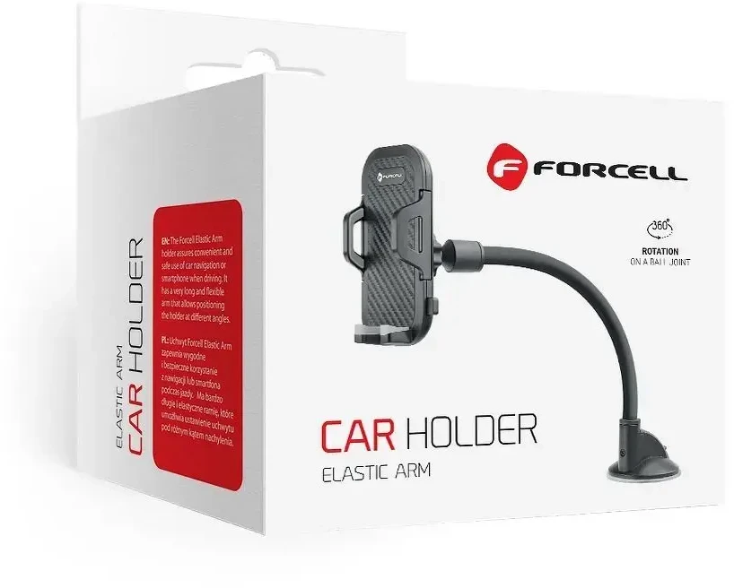 Automobilinis universalus telefono laikiklis Forcell (17cm) Long arm tvirtinamas ant prietaisų skydelio, juodas