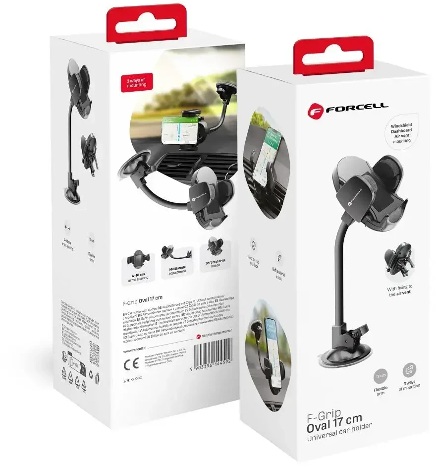 Automobilinis telefono laikiklis Forcell F-Grip Oval 17 cm priekinis stiklas / prietaisų skydelis / oro išleidimo anga, juodas