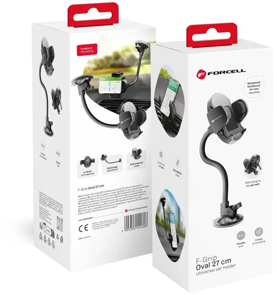 Automobilinis telefono laikiklis Forcell F-Grip Oval 27 cm, juodas, skirtas priekiniam stiklui / prietaisų skydeliui / oro išleidimo angai
