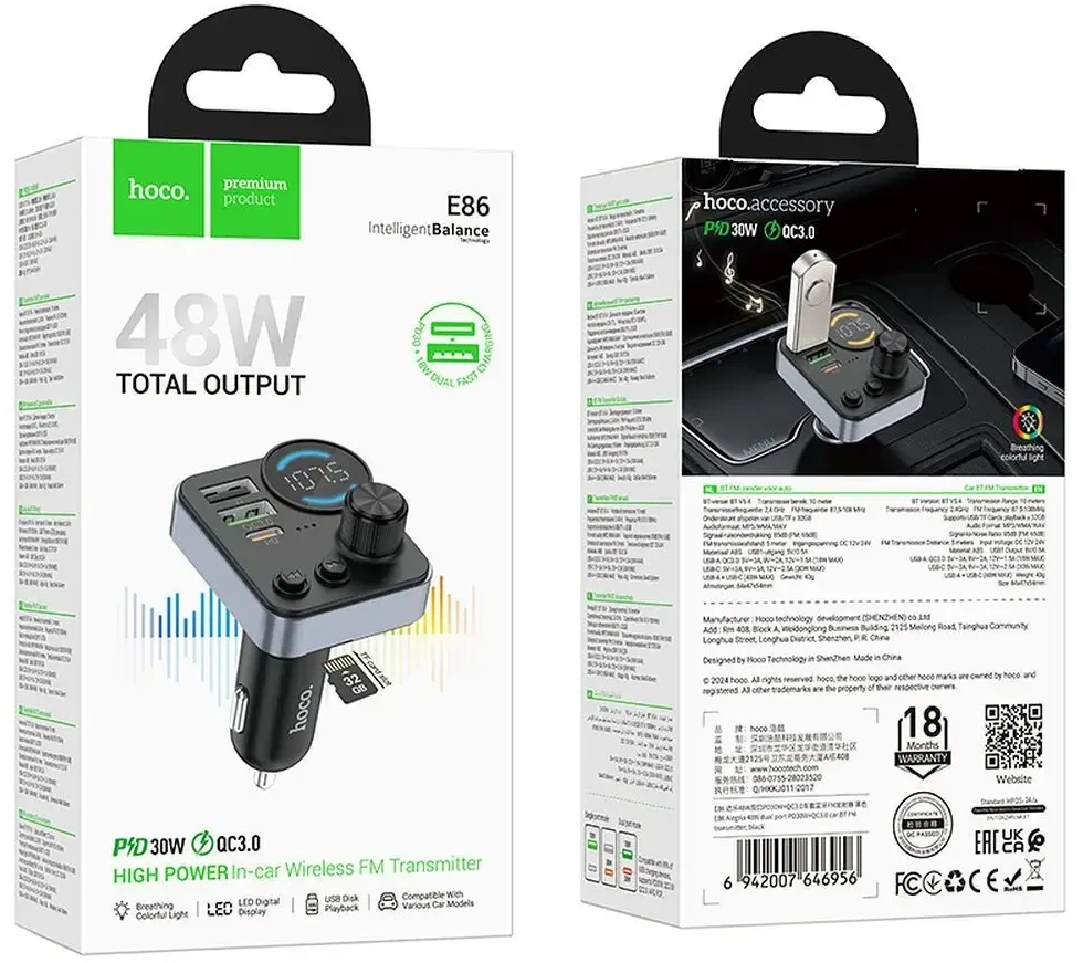 Automobilinis „Bluetooth“ siųstuvas Hoco 2 x USB A + USB C QC3.0 PD 48W E86 juodas