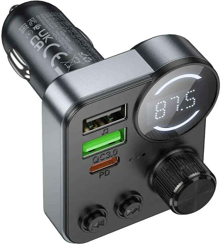 Automobilinis „Bluetooth“ siųstuvas Hoco 2 x USB A + USB C QC3.0 PD 48W E86 juodas