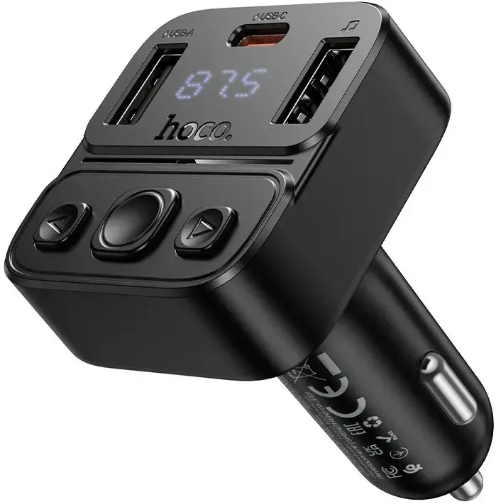 Automobilinis „Bluetooth“ siųstuvas Hoco USB A + USB C QC PD 35W E87 juodas