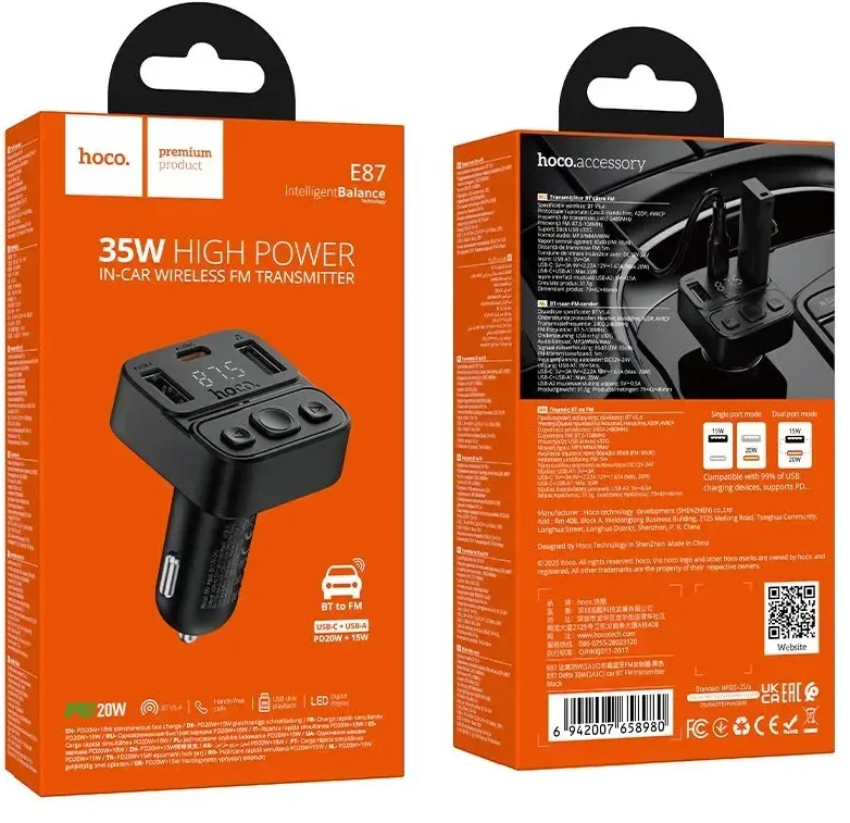 Automobilinis „Bluetooth“ siųstuvas Hoco USB A + USB C QC PD 35W E87 juodas