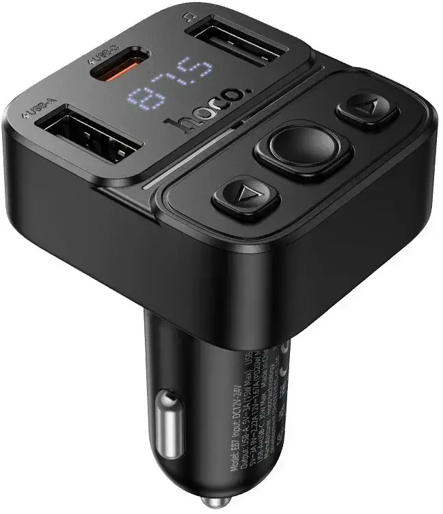 Automobilinis „Bluetooth“ siųstuvas Hoco USB A + USB C QC PD 35W E87 juodas