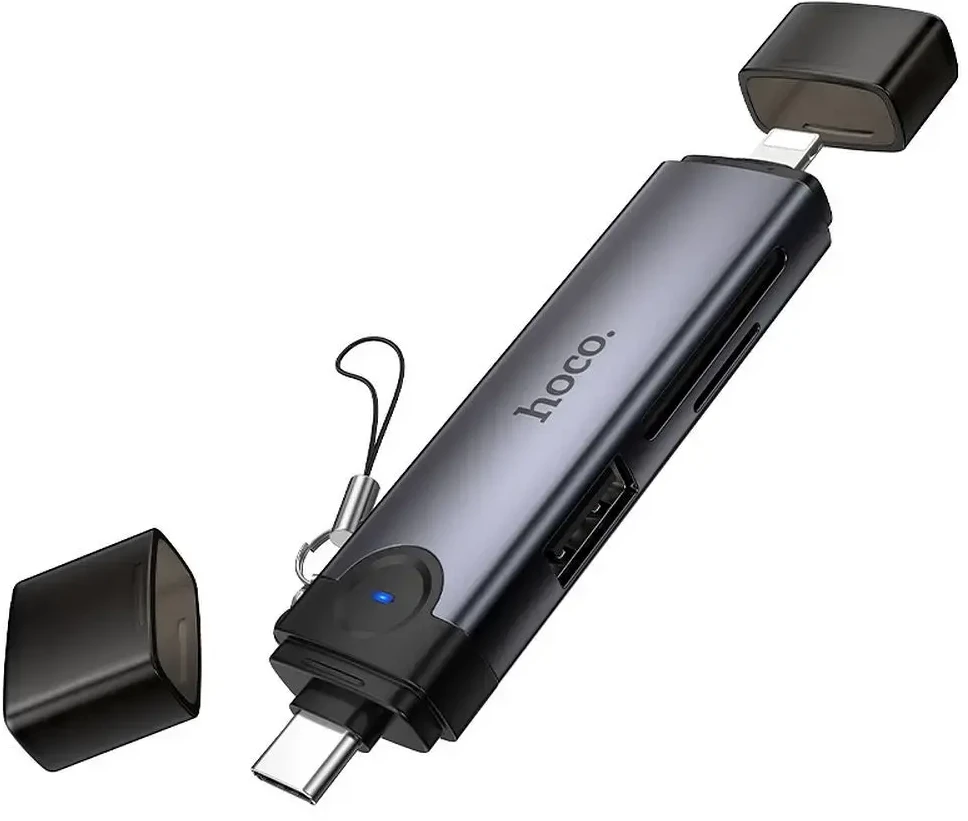 Card reader SD/TF 3.0 + USB 2.0 Type-C/Lightning Hoco HB56B pilkas