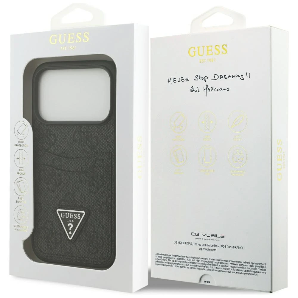 Dėklas Guess 4G Double Card Triangle skirtas iPhone 17 Pro juodos spalvos