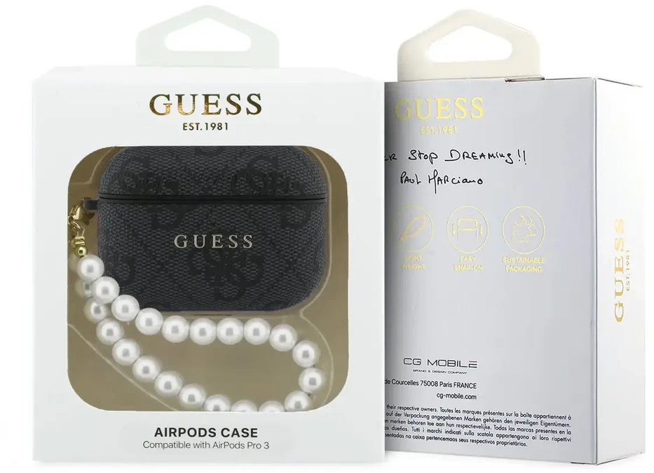 Guess PU 4G Classic logotipo perlų dirželio dėklas AirPods Pro 3 juodas