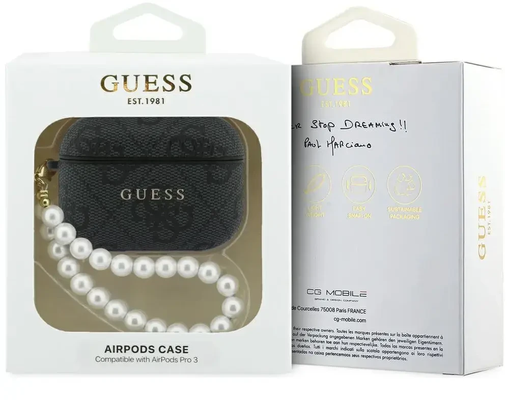 Guess PU 4G Classic logotipo perlų dirželio dėklas AirPods Pro 3 juodas