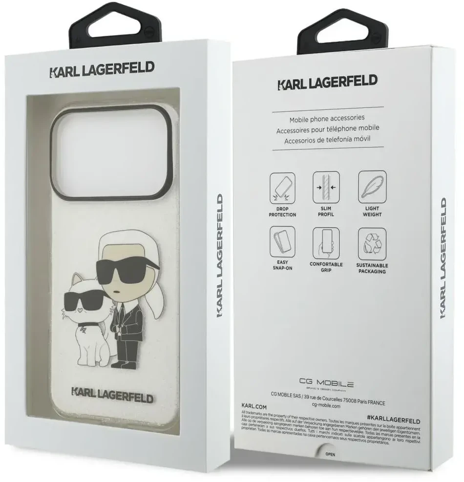 Dėklas Karl Lagerfeld IML NFT Glitter Karl&Choupette iPhone 18 Pro Max / 17 Pro Max permatomas