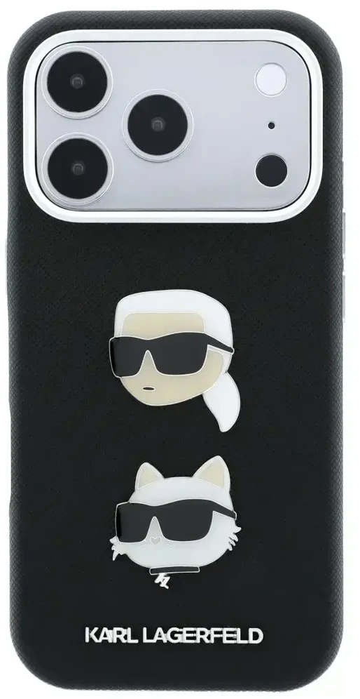 Dėklas Karl Lagerfeld Saffiano Karl&Choupette Heads Pins Strap Logo Case for iPhone 18 Pro / 17 Pro - Juodas
