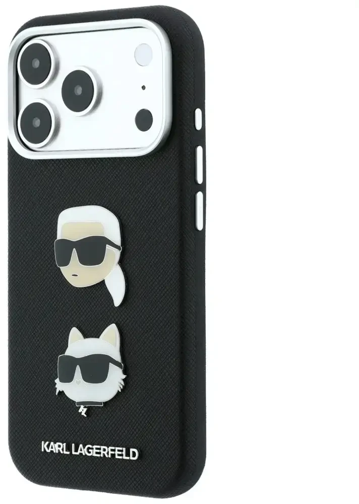 Dėklas Karl Lagerfeld Saffiano Karl&Choupette Heads Pins Strap Logo Case for iPhone 18 Pro / 17 Pro - Juodas