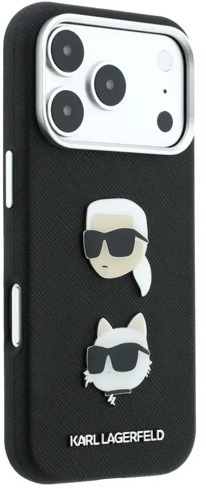 Dėklas Karl Lagerfeld Saffiano Karl&Choupette Heads Pins Strap Logo Case for iPhone 18 Pro / 17 Pro - Juodas